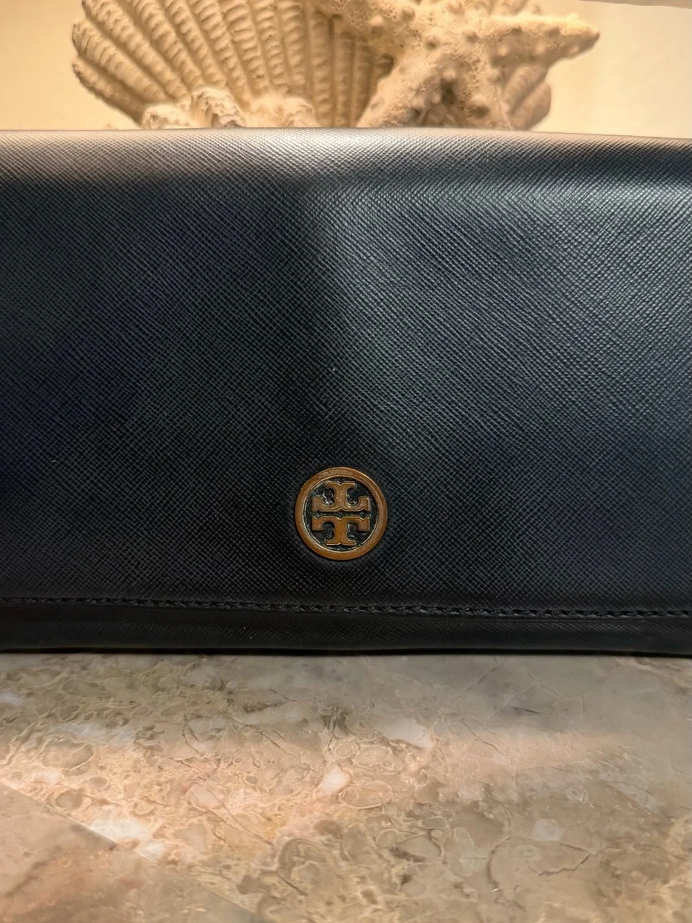 Tory Burch Black Leather Logo Clutch Wallet with Gold Emblem